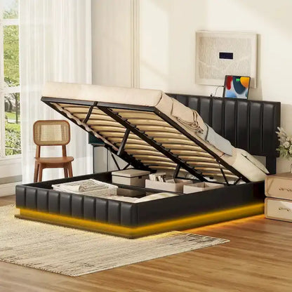 Lit plateforme relevable avec rangement intégré, lit bas revêtu de cuir PU avec télécommande, éclairage LED, prises et ports USB