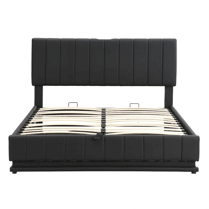 Lit plateforme relevable avec rangement intégré, lit bas revêtu de cuir PU avec télécommande, éclairage LED, prises et ports USB