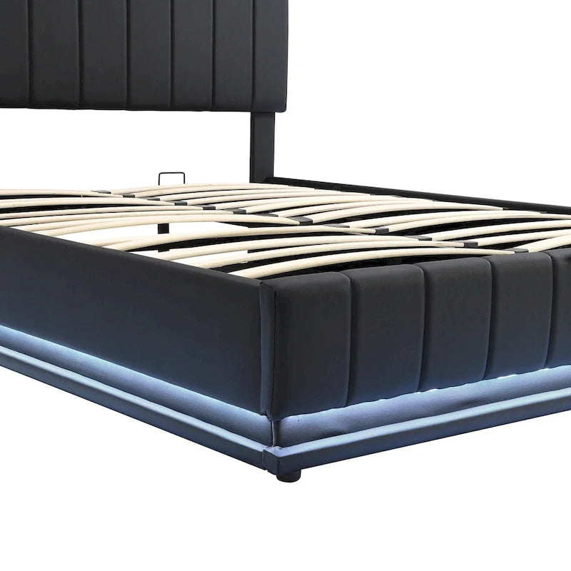 Lit plateforme relevable avec rangement intégré, lit bas revêtu de cuir PU avec télécommande, éclairage LED, prises et ports USB