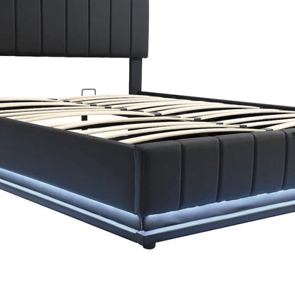 Lit plateforme relevable avec rangement intégré, lit bas revêtu de cuir PU avec télécommande, éclairage LED, prises et ports USB