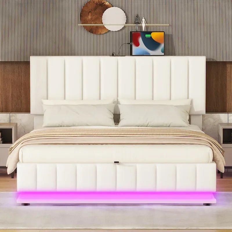 Lit plateforme relevable avec rangement intégré, lit bas revêtu de cuir PU avec télécommande, éclairage LED, prises et ports USB