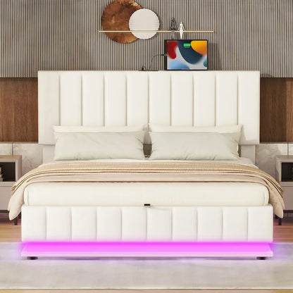 Lit plateforme relevable avec rangement intégré, lit bas revêtu de cuir PU avec télécommande, éclairage LED, prises et ports USB