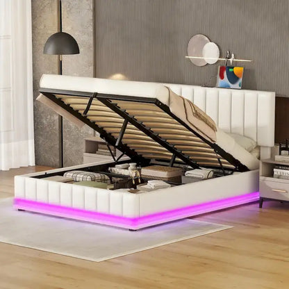 Lit plateforme relevable avec rangement intégré, lit bas revêtu de cuir PU avec télécommande, éclairage LED, prises et ports USB
