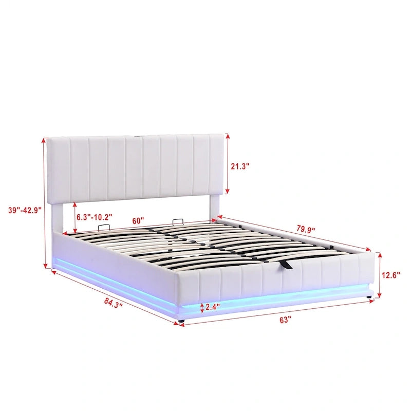 Lit plateforme relevable avec rangement intégré, lit bas revêtu de cuir PU avec télécommande, éclairage LED, prises et ports USB