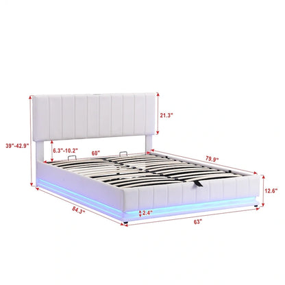 Lit plateforme relevable avec rangement intégré, lit bas revêtu de cuir PU avec télécommande, éclairage LED, prises et ports USB