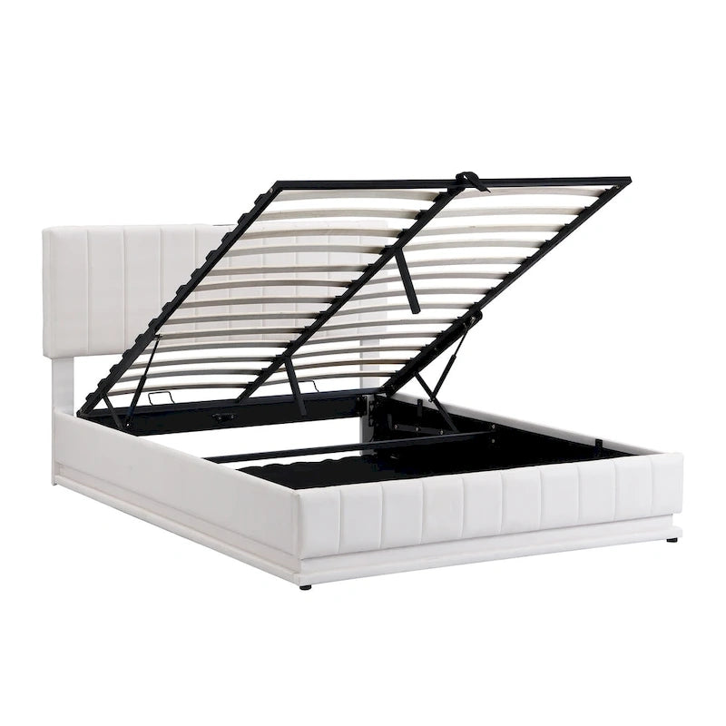 Lit plateforme relevable avec rangement intégré, lit bas revêtu de cuir PU avec télécommande, éclairage LED, prises et ports USB