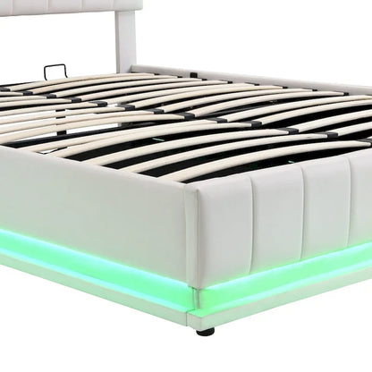 Lit plateforme relevable avec rangement intégré, lit bas revêtu de cuir PU avec télécommande, éclairage LED, prises et ports USB