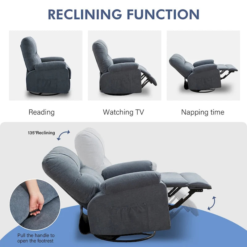 Fauteuil inclinable pivotant à bascule 360° en lin avec poches latérales
