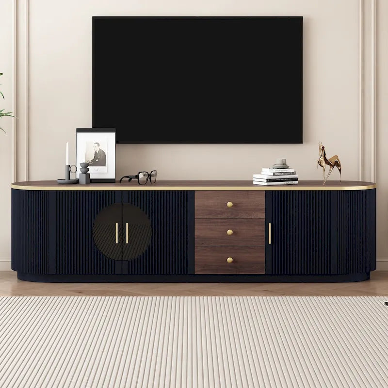 Meuble TV minimaliste moderne de 70,8 pouces pour téléviseurs jusqu'à 80 pouces, centre multimédia avec 3 tiroirs et 1 étagère