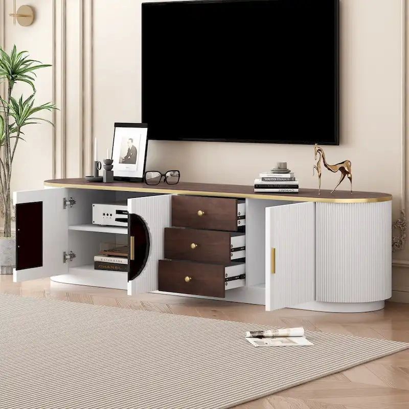 Meuble TV minimaliste moderne de 70,8 pouces pour téléviseurs jusqu'à 80 pouces, centre multimédia avec 3 tiroirs et 1 étagère
