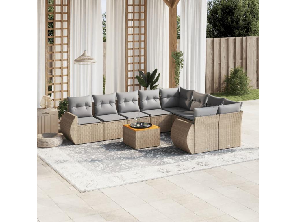 Ensemble de mobilier de jardin 10 pièces avec coussins, en résine tressée beige