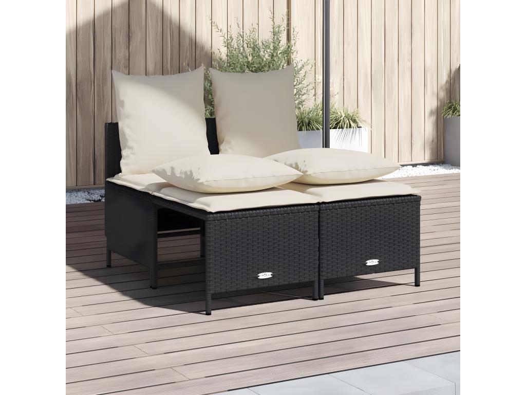Ensemble de mobilier de jardin 4 pièces avec coussins, en résine tressée noire.