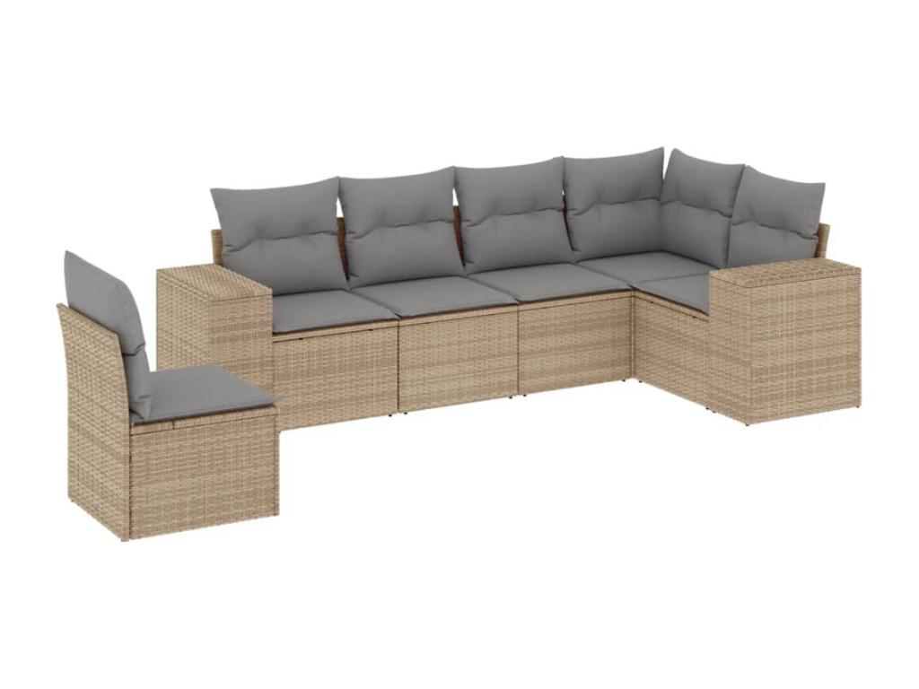 Ensemble de mobilier de jardin 6 pièces avec coussins, en résine tressée beige