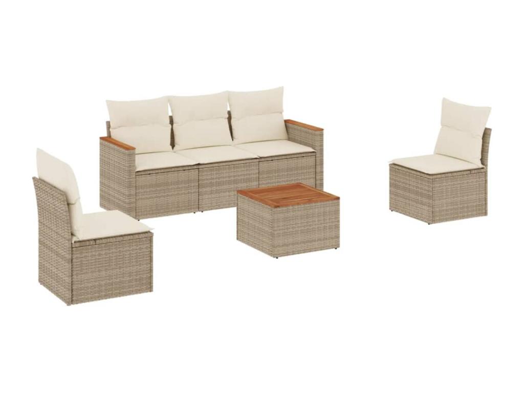 Ensemble de mobilier de jardin 6 pièces avec coussins, en résine tressée beige