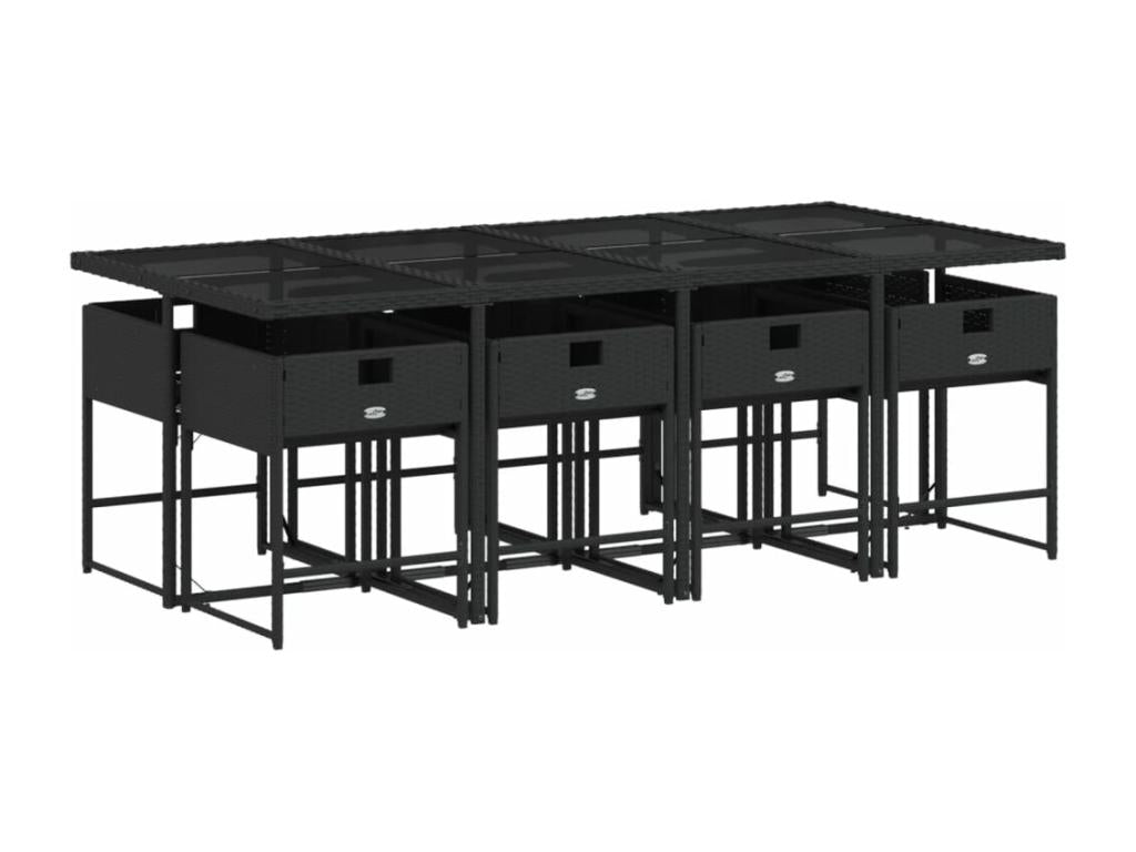 Ensemble de mobilier de jardin 9 pièces avec coussins, en résine tressée noire.