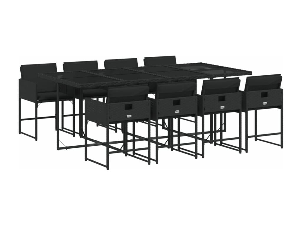 Ensemble de mobilier de jardin 9 pièces avec coussins, en résine tressée noire.