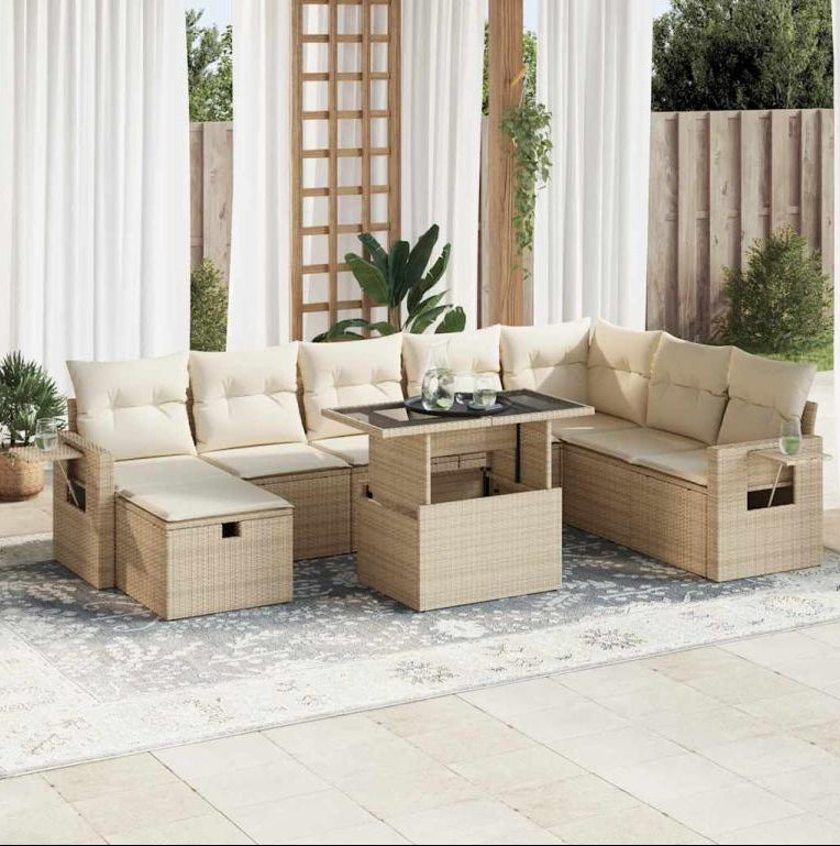 Ensemble de mobilier de jardin 9 pièces avec coussins, en résine tressée beige