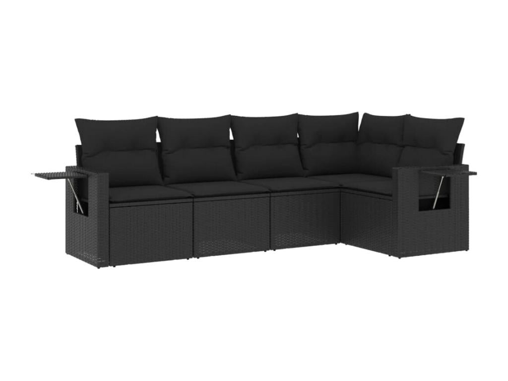 Ensemble de mobilier de jardin 5 pièces avec coussins, en résine tressée noire.