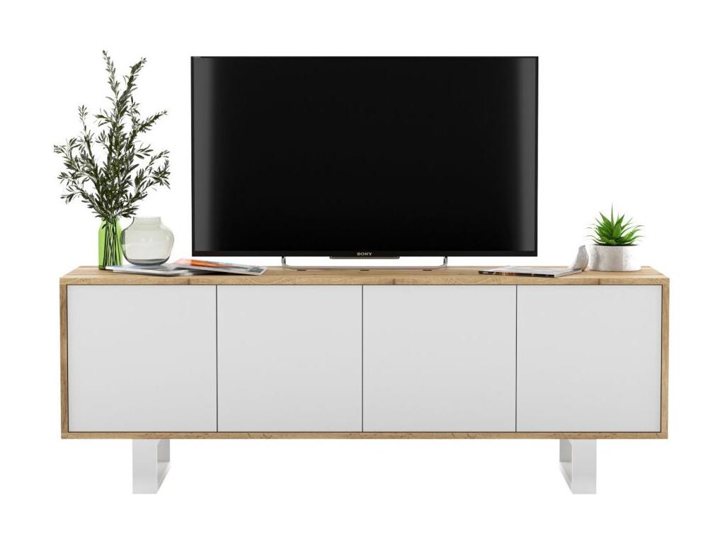 Meuble TV 4 portes en bois imitation chêne, 150 cm, blanc