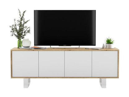 Meuble TV 4 portes en bois imitation chêne, 150 cm, blanc