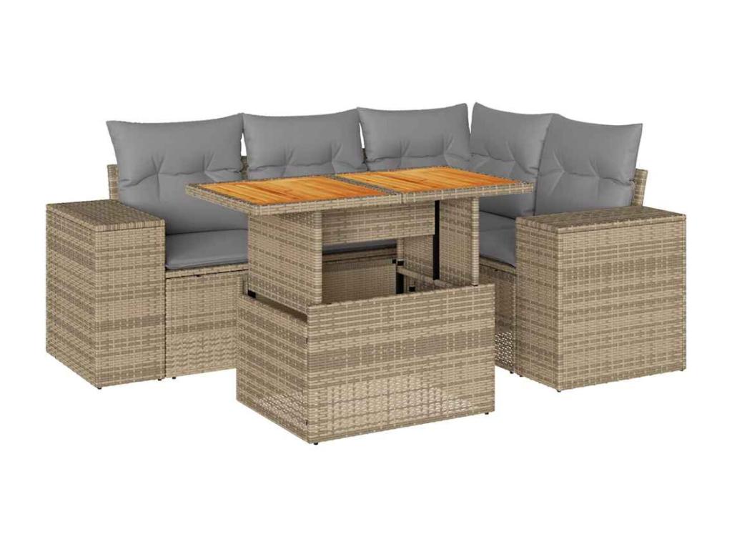 Ensemble de mobilier de jardin 5 pièces avec coussins, en résine tressée beige