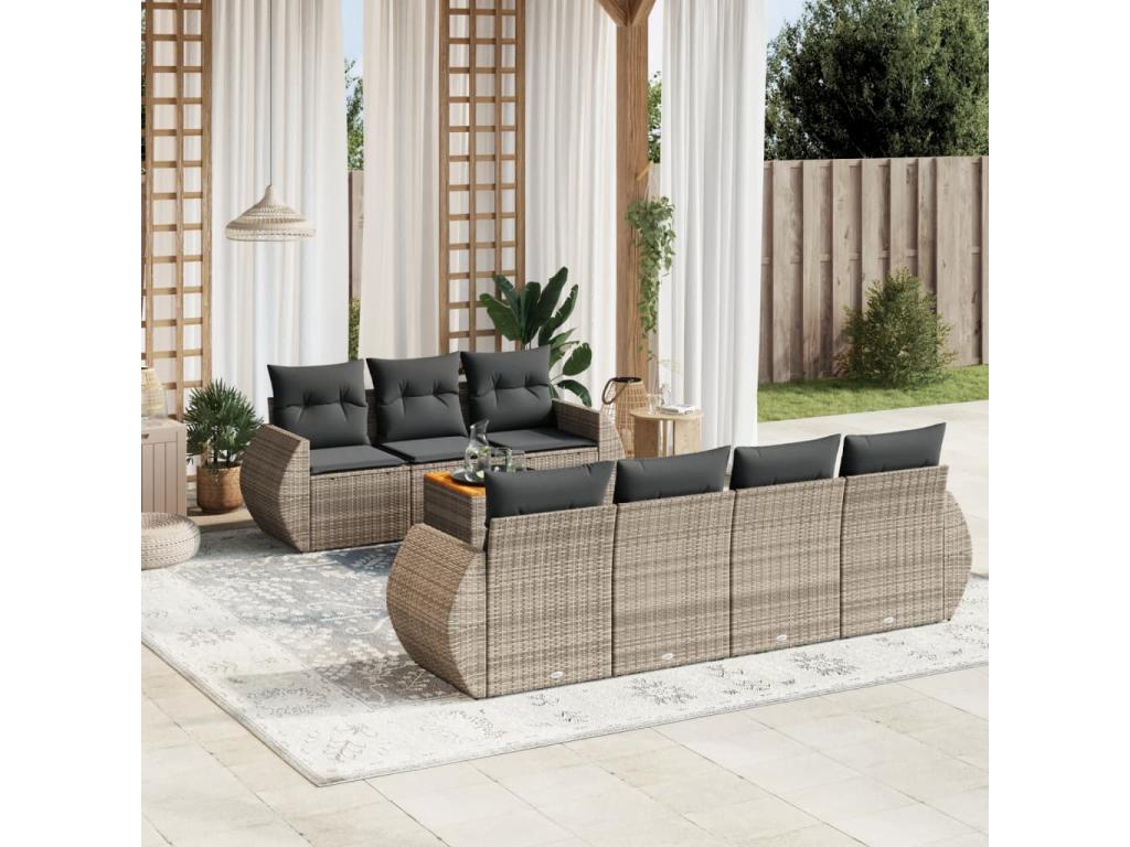 Ensemble de mobilier de jardin 8 pièces avec coussins, en résine tressée grise