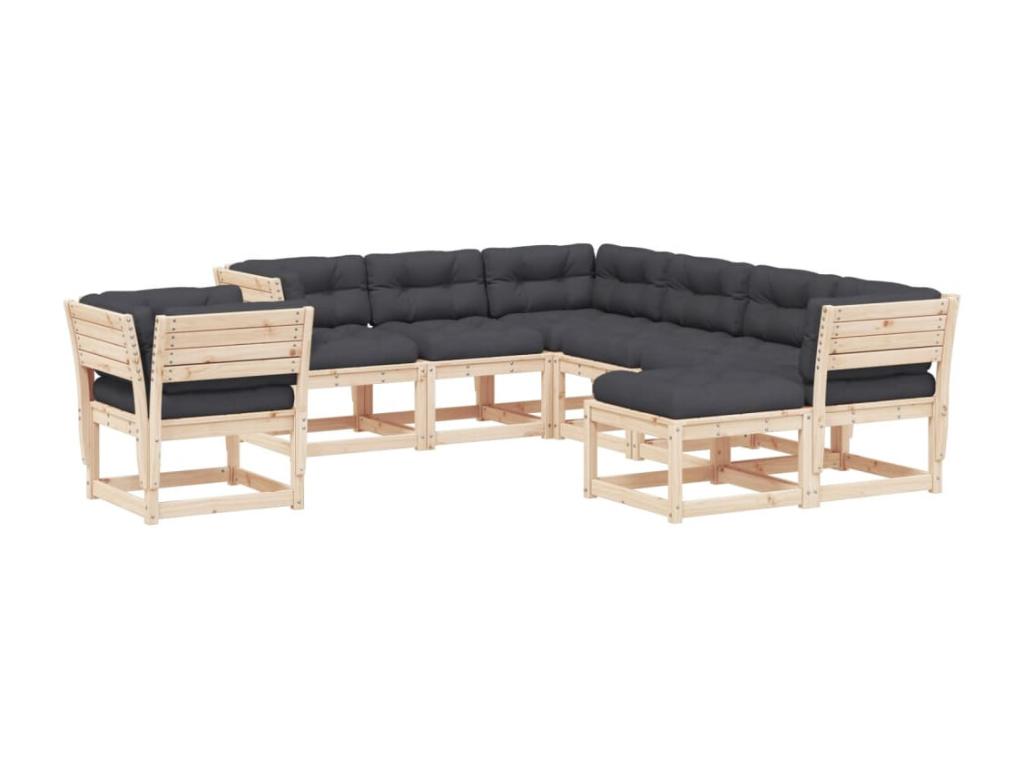 Ensemble de mobilier de jardin 8 pièces avec coussins, en pin massif, marron