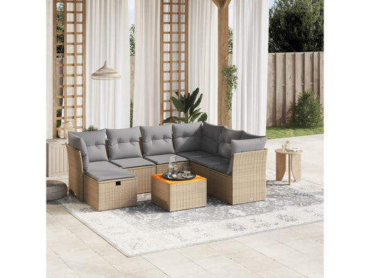 Ensemble de mobilier de jardin 8 pièces avec coussins, en résine tressée beige