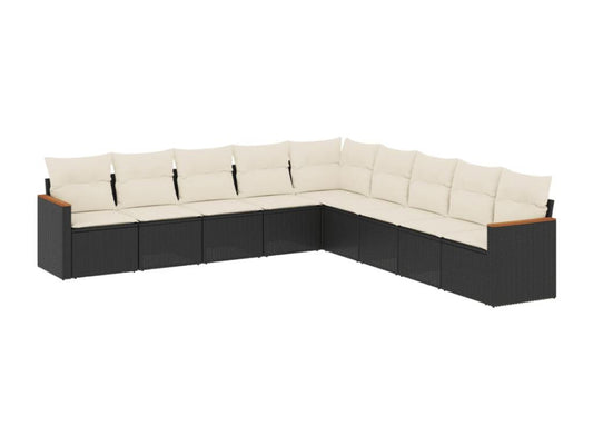 Ensemble de mobilier de jardin 9 pièces avec coussins, en résine tressée noire.