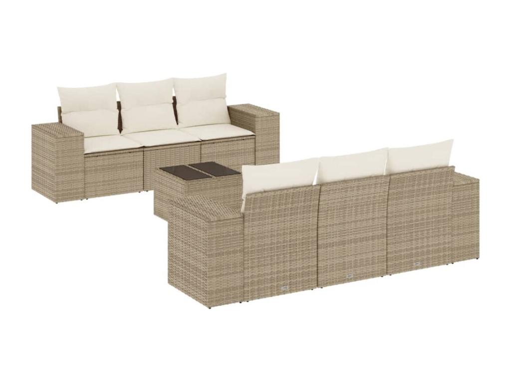 Ensemble de mobilier de jardin 7 pièces avec coussins, en résine tressée beige