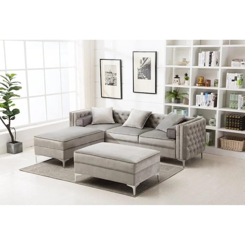 Canapé de salon moderne capitonné avec pouf réversible