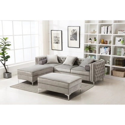 Canapé de salon moderne capitonné avec pouf réversible