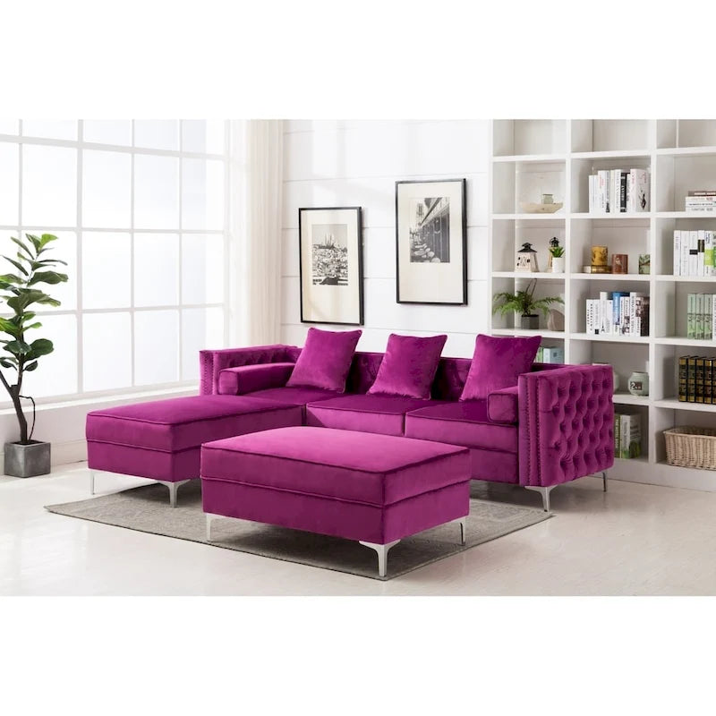 Canapé de salon moderne capitonné avec pouf réversible