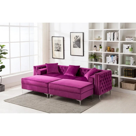 Canapé de salon moderne capitonné avec pouf réversible