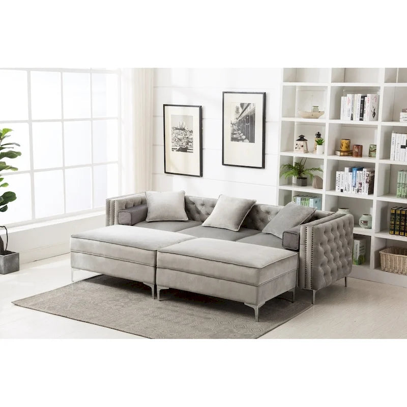 Canapé de salon moderne capitonné avec pouf réversible