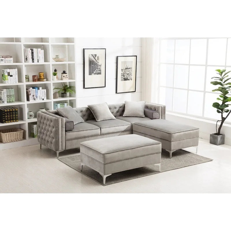 Canapé de salon moderne capitonné avec pouf réversible