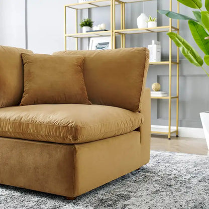 Fauteuil d'angle Commix en velours performant, rembourré de duvet et ultra-confortable
