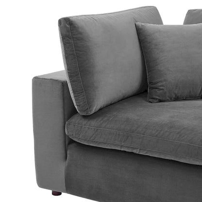 Fauteuil d'angle Commix en velours performant, rembourré de duvet et ultra-confortable
