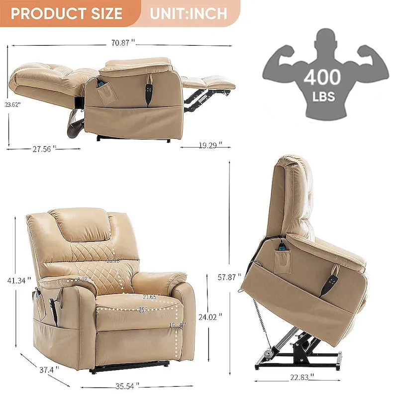 Fauteuil inclinable électrique à double levage 35,5 W, massage et chauffage, inclinaison à 180 degrés