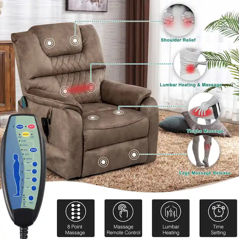 Fauteuil inclinable électrique à double levage 35,5 W, massage et chauffage, inclinaison à 180 degrés