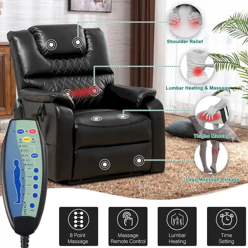 Fauteuil inclinable électrique à double levage 35,5 W, massage et chauffage, inclinaison à 180 degrés