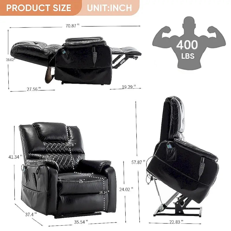 Fauteuil inclinable électrique à double levage 35,5 W, massage et chauffage, inclinaison à 180 degrés