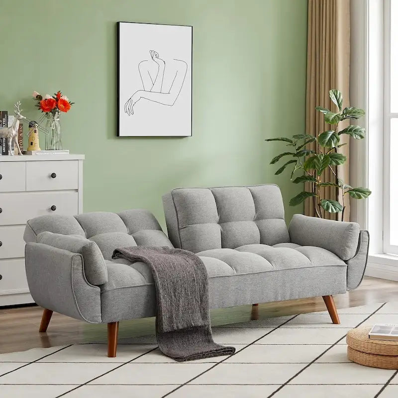 Canapé-lit futon en velours, dossier réglable, convertible en lit, avec pieds fuselés en bois, idéal pour le salon ou la chambre.