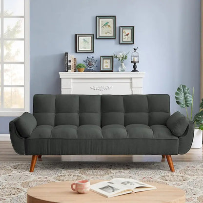 Canapé-lit futon en velours, dossier réglable, convertible en lit, avec pieds fuselés en bois, idéal pour le salon ou la chambre.