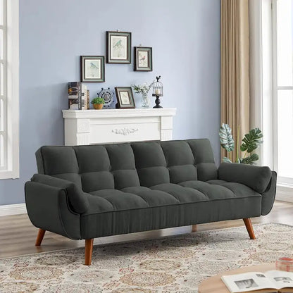 Canapé-lit futon en velours, dossier réglable, convertible en lit, avec pieds fuselés en bois, idéal pour le salon ou la chambre.