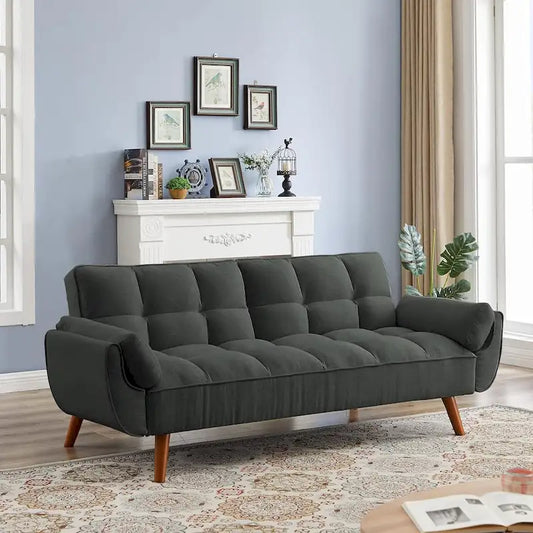 Canapé-lit futon en velours, dossier réglable, convertible en lit, avec pieds fuselés en bois, idéal pour le salon ou la chambre.