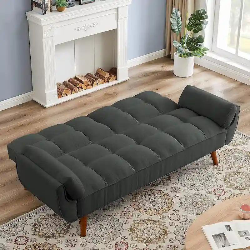 Canapé-lit futon en velours, dossier réglable, convertible en lit, avec pieds fuselés en bois, idéal pour le salon ou la chambre.