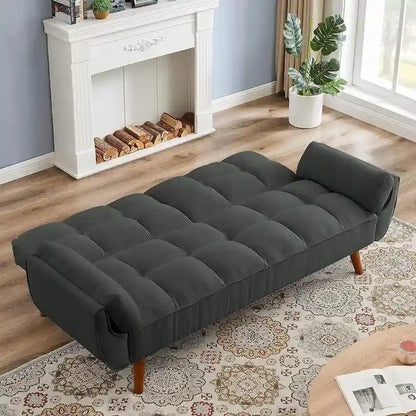 Canapé-lit futon en velours, dossier réglable, convertible en lit, avec pieds fuselés en bois, idéal pour le salon ou la chambre.