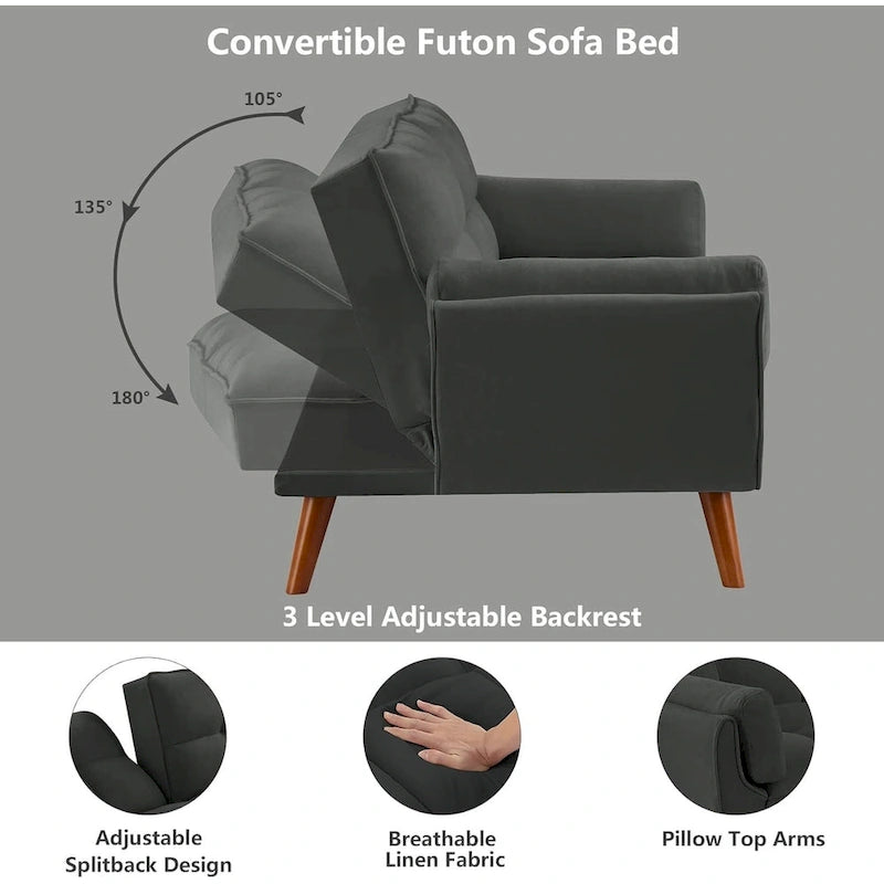 Canapé-lit futon en velours, dossier réglable, convertible en lit, avec pieds fuselés en bois, idéal pour le salon ou la chambre.