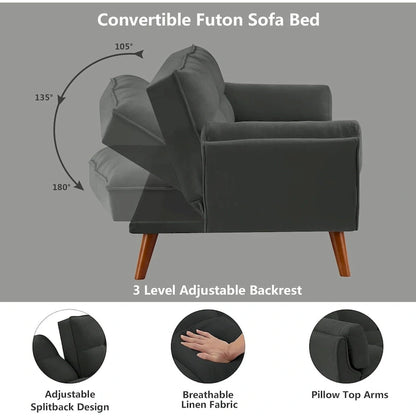 Canapé-lit futon en velours, dossier réglable, convertible en lit, avec pieds fuselés en bois, idéal pour le salon ou la chambre.